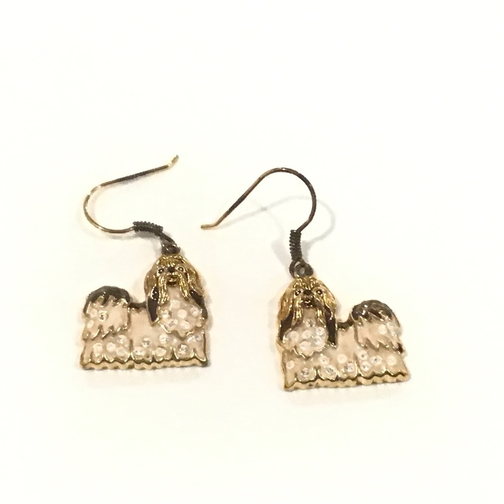 Sterling Silver Gold Tone Enamel Long Haired Dog Hook Dangle Earrings 5/8" Long